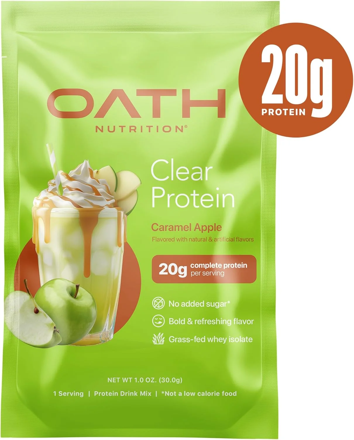 پودر پروتئین وی ایزوله شفاف Oath Nutrition، سیب کاراملی، 20 گرم پروتئین کامل در هر وعده، بدون شکر افزوده، تغذیه شده با علف، تک نفره (6 عدد)