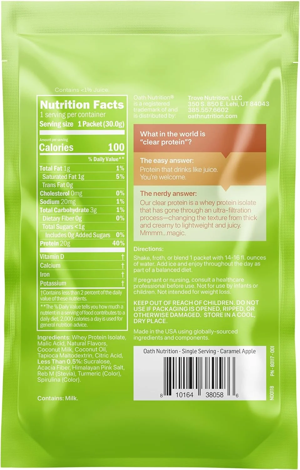 پودر پروتئین وی ایزوله شفاف Oath Nutrition، سیب کاراملی، 20 گرم پروتئین کامل در هر وعده، بدون شکر افزوده، تغذیه شده با علف، تک نفره (6 عدد)