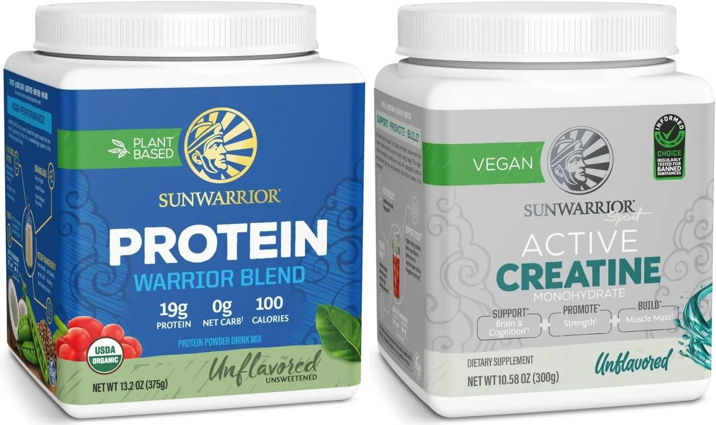 مجموعه پودر کراتین بدون طعم و پودر پروتئین گیاهی ارگانیک سان واریر | بسته ویژه و صرفه جویی | مکمل های پروتئینی ارگانیک وگان به همراه کراتین مونوهیدرات (60 سروینگ، 15 سروینگ)