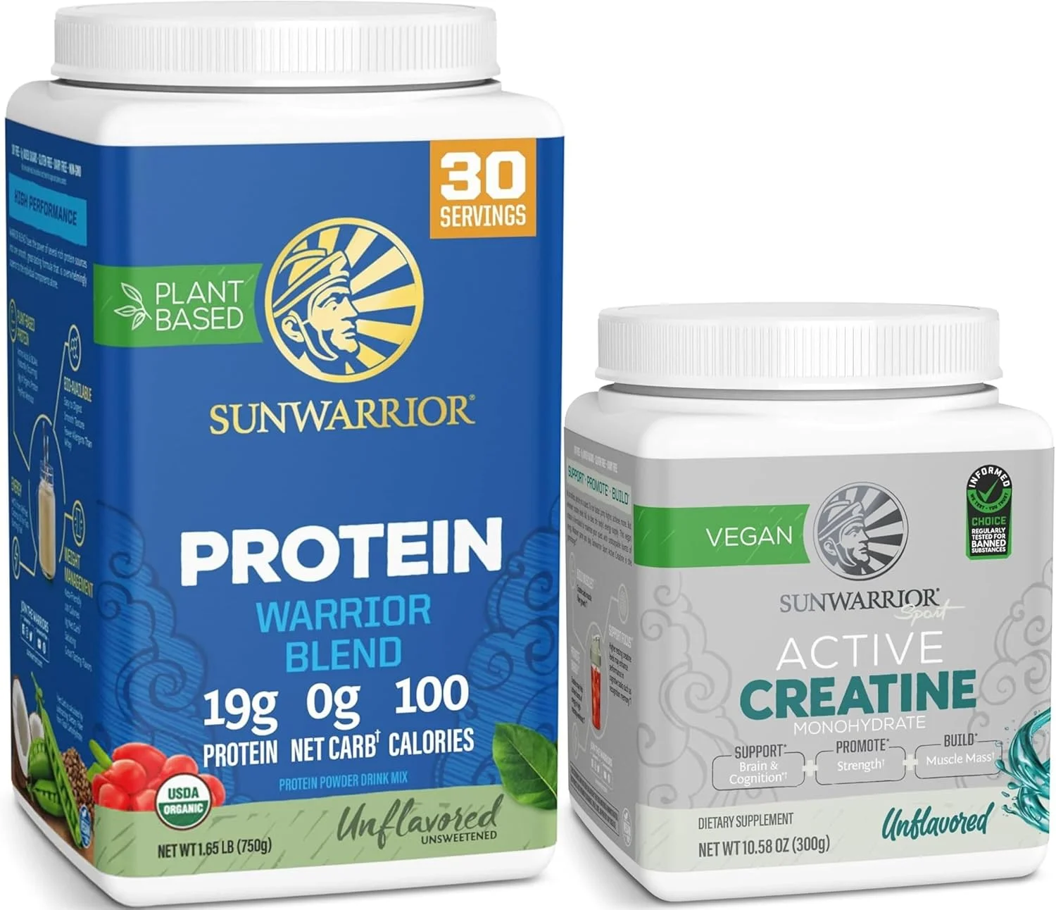 مجموعه پودر کراتین بدون طعم سان واریر و پودر پروتئین گیاهی ارگانیک | بسته ویژه و صرفه جویی | مکمل های پروتئین ارگانیک وگان به همراه کراتین مونوهیدرات (60 سروینگ، 30 سروینگ)