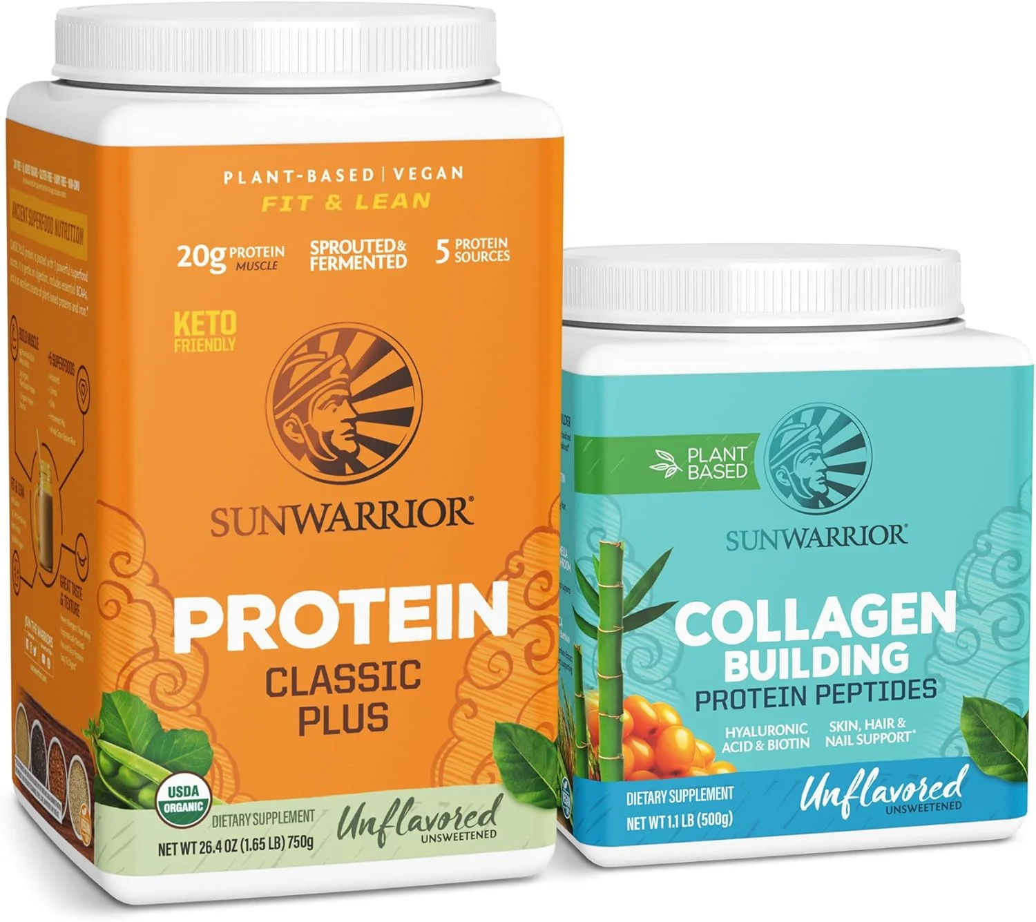 پودر پروتئین وگان سان واریر | دارای گواهی ارگانیک USDA | بدون طعم، 30 سروینگ و پودر کلاژن ساز گیاهی | بدون طعم، 20 سروینگ