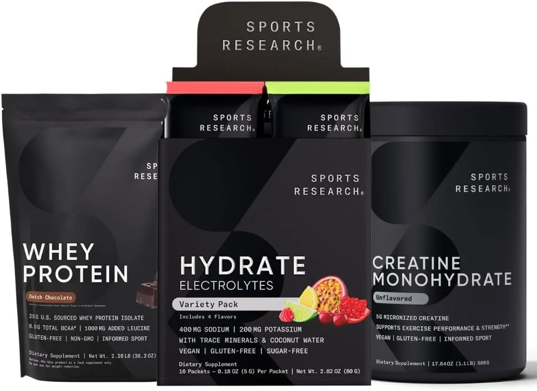 کراتین مونوهیدرات اسپورتس ریسرچ (100 سروینگ)، بسته های متنوع الکترولیت هیدرات (16 عدد) و پروتئین وی ایزوله شکلات هلندی (25 سروینگ)