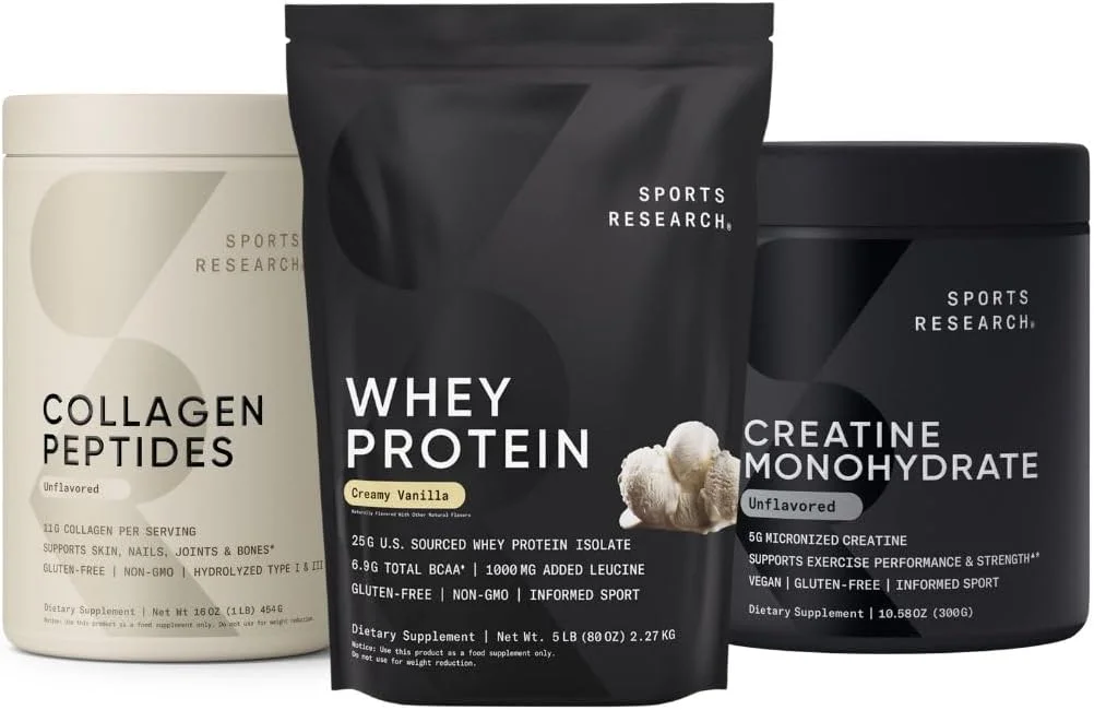 پک پروتئینی Sports Research® - پودر پروتئین وی ایزوله 5 پوند + کراتین مونوهیدرات 1.1 پوند + پپتیدهای کلاژن 1 پوند