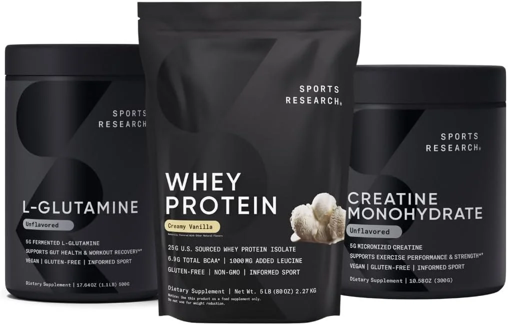 ماتریکس ریکاوری Sports Research® - پودر پروتئین وی ایزوله 5 پوند + ال-گلوتامین 1.1 پوند + کراتین مونوهیدرات 2.2 پوند