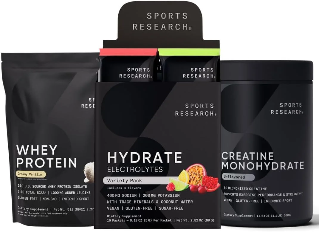 پروتئین وی کرمی وانیلی Sports Research (63 سروینگ)، مخلوط الکترولیت های متنوع با ویتامین ها و مواد معدنی (16 بسته) و کراتین مونوهیدرات (100 سروینگ)