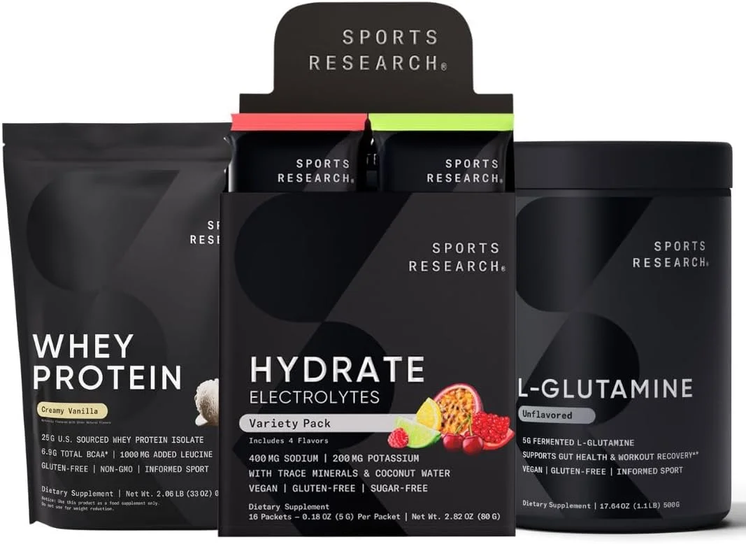 ال-گلوتامین اسپورتس ریسرچ (100 سروینگ)، پودر الکترولیت آبرسان بدون شکر و با طعم طبیعی (بسته 16 عددی) و پروتئین وی ایزوله با طعم وانیل (26 سروینگ)