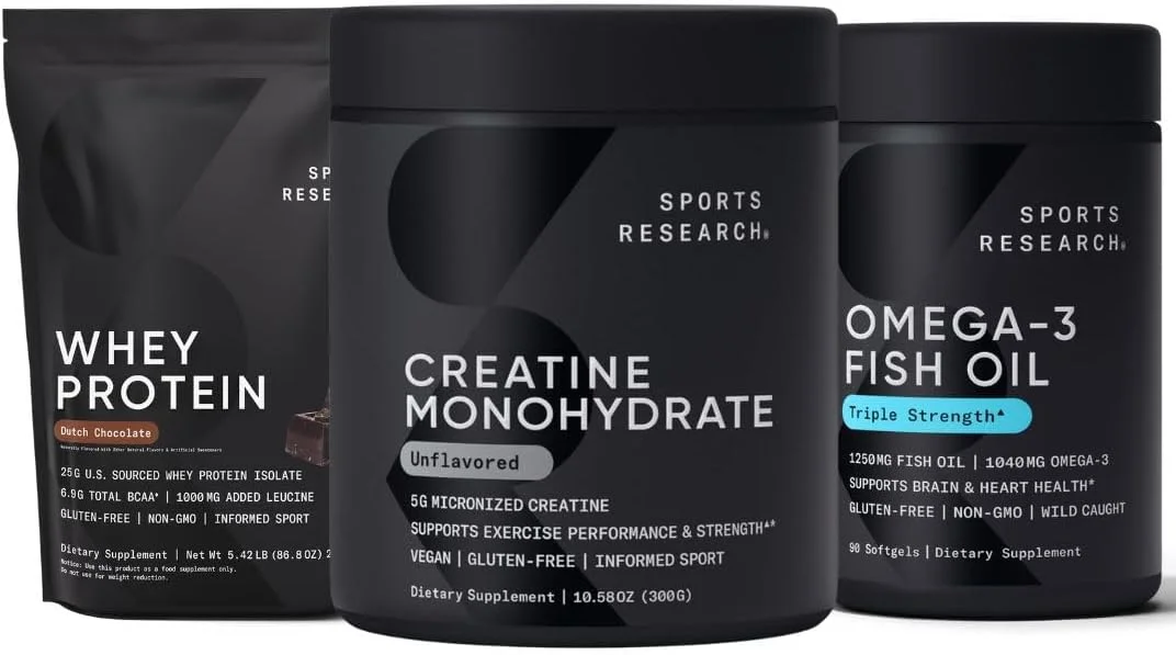 پروتئین وی و کراتین مونوهیدرات اسپورتس ریسرچ، ترکیب پویا برای عضله سازی بدون چربی، عملکرد، قدرت و ریکاوری تمرین به همراه امگا 3 با قدرت سه برابر غنی شده با اسیدهای چرب EPA و DHA