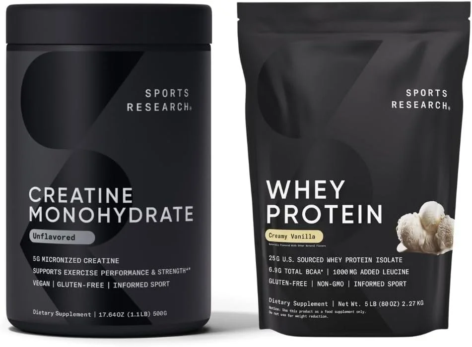 کراتین مونوهیدرات اسپورتس ریسرچ (100 سروینگ) و پروتئین وی وانیلی (63 سروینگ)، زوج پویا برای عضله سازی بدون چربی، بهبود عملکرد، قدرت و ریکاوری تمرین - تغذیه ورزشی کراتین مونوهیدرات اسپورتس ریسرچ (100 سروینگ) و پروتئین وی وانیلی (63 سروینگ)، زوج پویا برای عضله سازی بدون چربی، بهبود عملکرد، قدرت و ریکاوری تمرین - تغذیه ورزشی