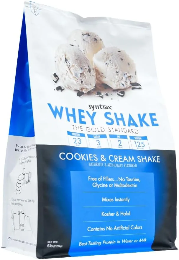 پودر پروتئین وی شیک سینترکس نوتریشن، فیلتر شده سرد و دناتوره نشده، طعم کوکی و خامه، 5 پوند، حاوی تکه های واقعی کوکی