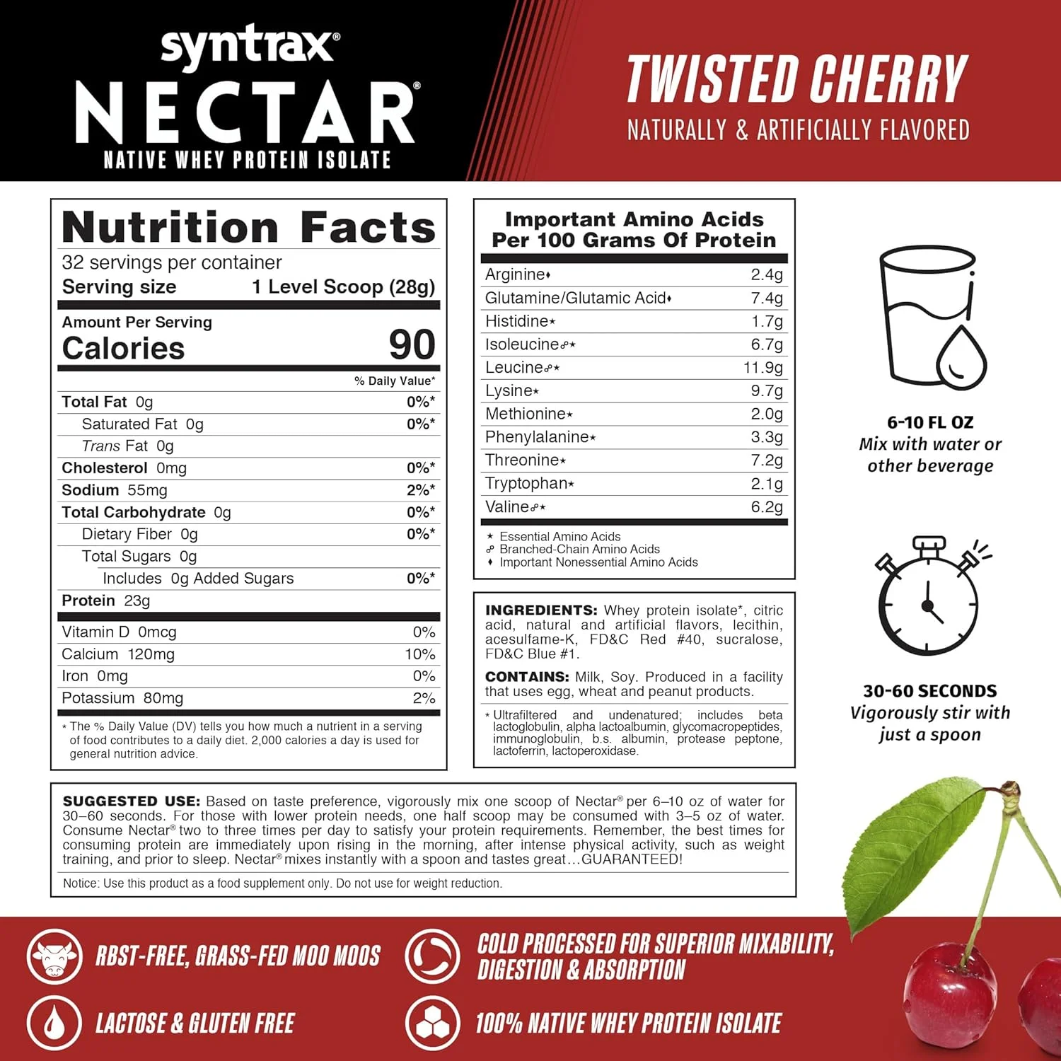 پودر پروتئین وی ایزوله 100% سنتراکس نکتار با طعم آبمیوه ای با طراوت - گیلاس پیچ خورده - 900 گرم