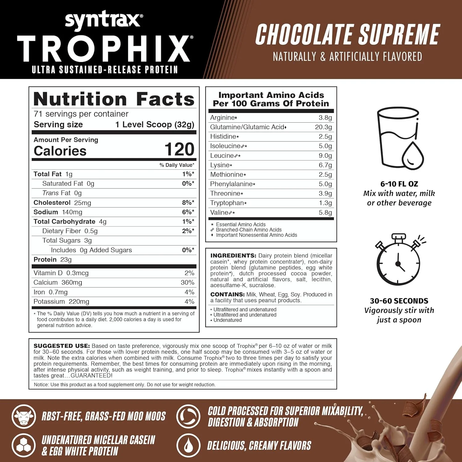 مخلوط پودر پروتئین رهش پایدار Syntrax Nutrition Trophix، شکلات عالی، 5 پوند