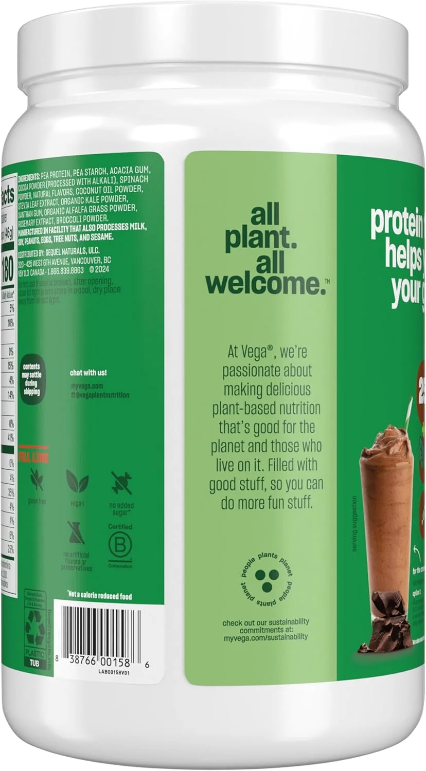 پودر پروتئین و سبزیجات وگا، شکلاتی - 20 گرم پروتئین گیاهی به همراه سبزیجات، وگان، غیر تراریخته، پروتئین نخود فرنگی برای زنان و مردان، 590 گرم