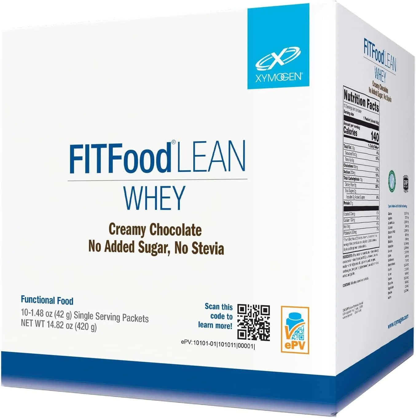 پودر پروتئین وی بدون شکر افزوده XYMOGEN FIT Food Lean - پودر پروتئین وی BioActive با ایمونوگلوبولین های طبیعی - پشتیبانی از ترکیب بدنی سالم، سلامت ایمنی، تمرینات - شکلاتی (10 بسته)