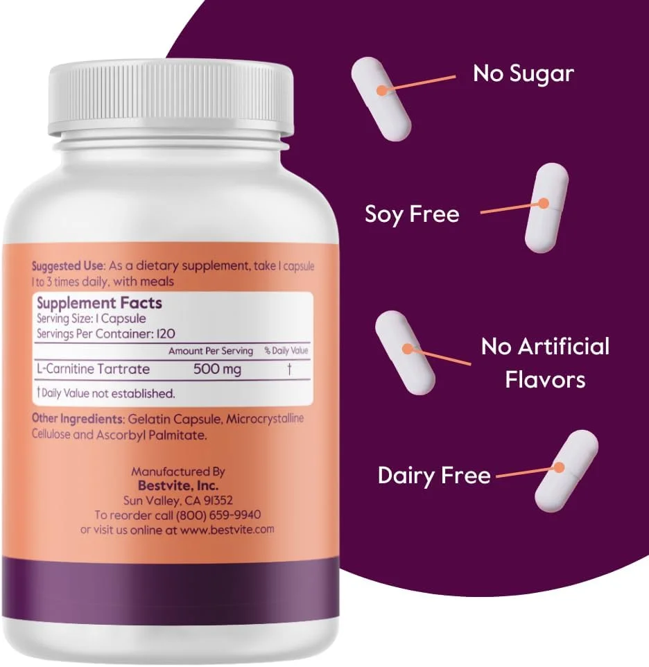 ال-کارنیتین تارتارات بست ویت 500 میلی گرم در هر کپسول (120 کپسول) - بدون استئارات - غیر GMO - بدون گلوتن ال-کارنیتین تارتارات بست ویت 500 میلی گرم در هر کپسول (120 کپسول) - بدون استئارات - غیر GMO - بدون گلوتن