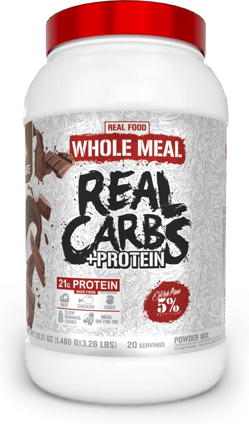 5% Nutrition Rich Piana کربوهیدرات + پروتئین | پودر پروتئین جایگزین وعده غذایی افزایش دهنده حجم | کربوهیدرات برای وعده غذایی ریکاوری قبل و بعد از تمرین | 3 پوند، 20 سروینگ (شکلاتی) 5% Nutrition Rich Piana کربوهیدرات + پروتئین | پودر پروتئین جایگزین وعده غذایی افزایش دهنده حجم | کربوهیدرات برای وعده غذایی ریکاوری قبل و بعد از تمرین | 3 پوند، 20 سروینگ (شکلاتی)