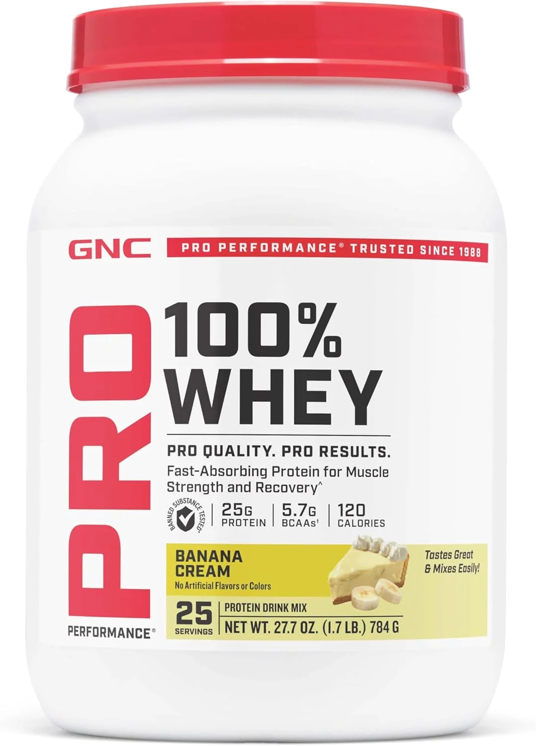 پودر پروتئین وی 100% GNC Pro Performance، پروتئین با جذب سریع، قدرت و ریکاوری عضلات، کرم موز، 25 سروینگ پودر پروتئین وی 100% GNC Pro Performance، پروتئین با جذب سریع، قدرت و ریکاوری عضلات، کرم موز، 25 سروینگ