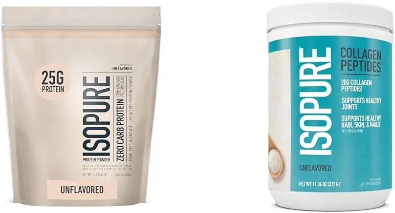 مجموعه پروتئین وی ایزوله بدون طعم ایزوپیر، 25 گرم پروتئین، بدون کربوهیدرات، 16 سروینگ، 1 پوند (بسته بندی ممکن است متفاوت باشد) + پودر پپتیدهای کلاژن، 14 سروینگ، بدون طعم، با ویتامین C، با بیوتین مجموعه پروتئین وی ایزوله بدون طعم ایزوپیر، 25 گرم پروتئین، بدون کربوهیدرات، 16 سروینگ، 1 پوند (بسته بندی ممکن است متفاوت باشد) + پودر پپتیدهای کلاژن، 14 سروینگ، بدون طعم، با ویتامین C، با بیوتین