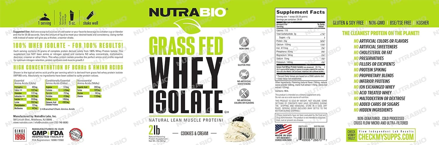 پودر پروتئین وی ایزوله گاو تغذیه شده با علف NutraBio - 25 گرم پروتئین در هر پیمانه - مکمل پروتئین عضله بدون قند - کوکی و خامه - 2 پوند، 29 سروینگ پودر پروتئین وی ایزوله گاو تغذیه شده با علف NutraBio - 25 گرم پروتئین در هر پیمانه - مکمل پروتئین عضله بدون قند - کوکی و خامه - 2 پوند، 29 سروینگ
