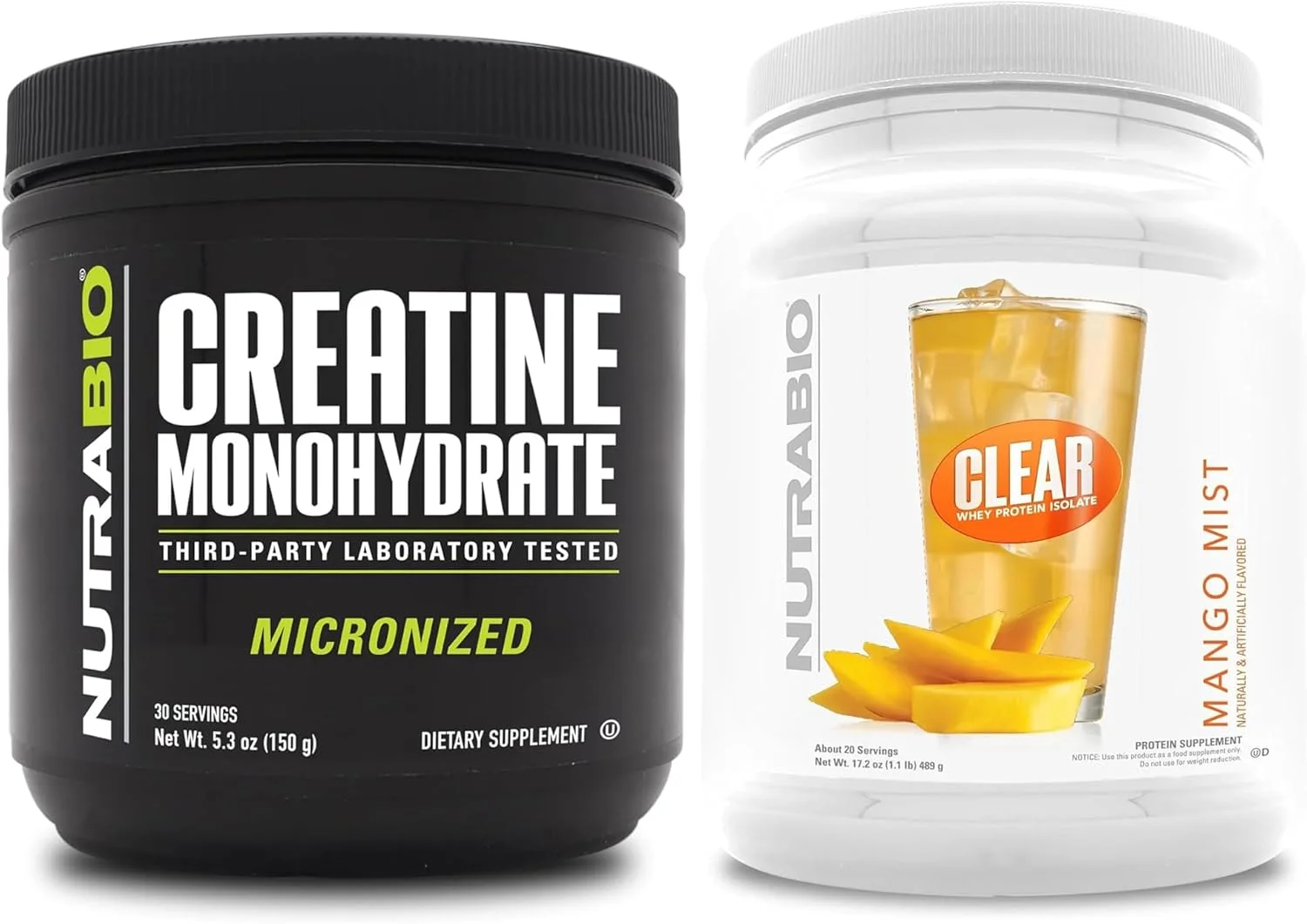 بسته مکمل مونوهیدرات کراتین نوتراBio، بدون طعم، (150 گرم) و پروتئین وی ایزوله شفاف، (مه انبه) - انرژی عضلانی، حداکثر رشد، ریکاوری و قدرت