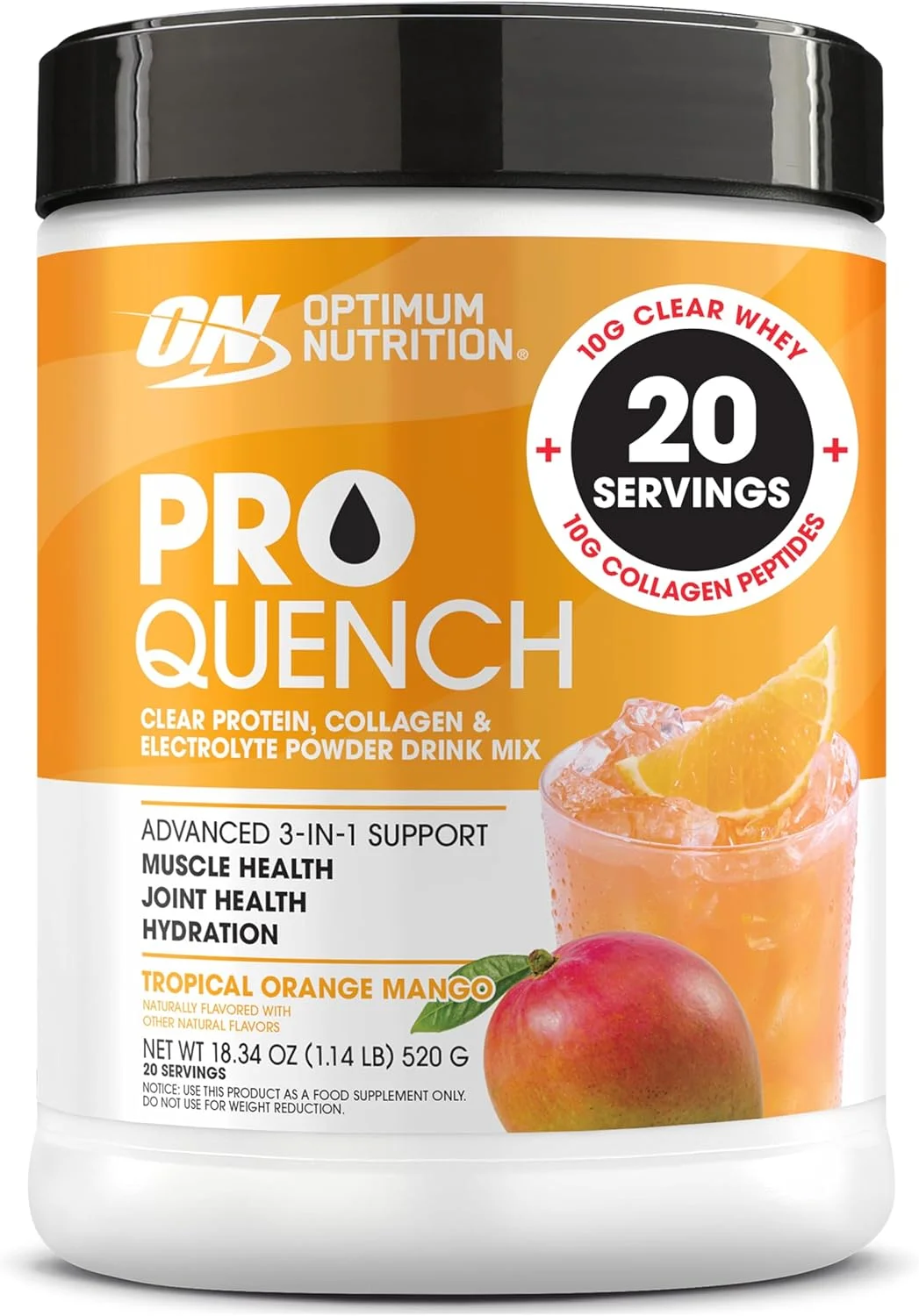 نوشیدنی پودری مخلوط پروتئین شفاف، پپتیدهای کلاژن و الکترولیت Optimum Nutrition Pro Quench، 10 گرم پروتئین شفاف، 10 گرم پپتیدهای کلاژن، طعم انبه پرتقال استوایی، 20 سروینگ، 520 گرم (بسته بندی ممکن است متفاوت باشد)
