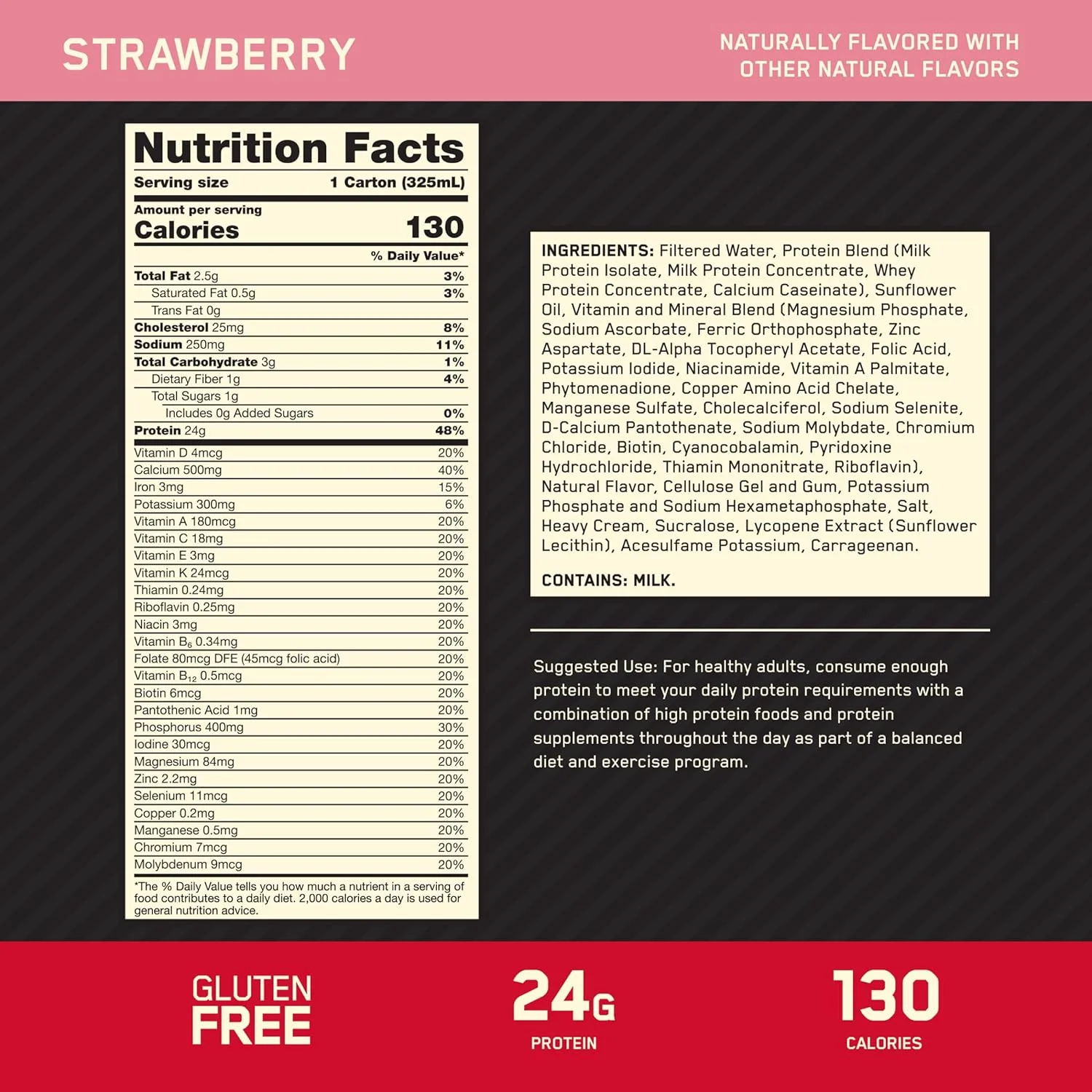 نوشیدنی پروتئینی گلد استاندارد اپتیموم نوتریشن، ۲۴ گرم پروتئین، نوشیدنی پروتئینی آماده مصرف، طعم توت فرنگی، ۳۳۰ میلی لیتر، ۱۲ عدد (بسته ۱ عددی) (بسته بندی ممکن است متفاوت باشد) نوشیدنی پروتئینی گلد استاندارد اپتیموم نوتریشن، ۲۴ گرم پروتئین، نوشیدنی پروتئینی آماده مصرف، طعم توت فرنگی، ۳۳۰ میلی لیتر، ۱۲ عدد (بسته ۱ عددی) (بسته بندی ممکن است متفاوت باشد)