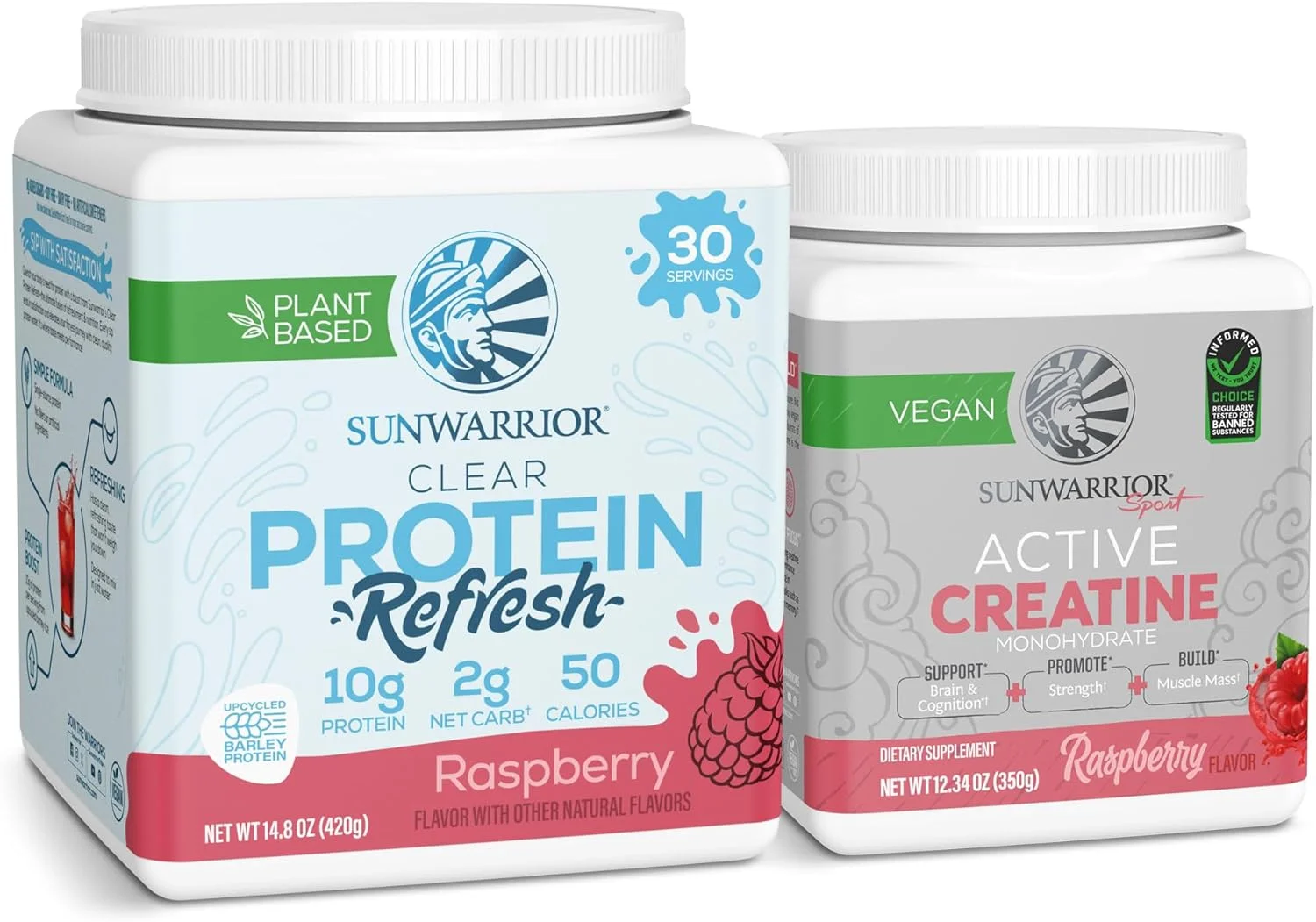 پودر پروتئین شفاف سان واریر | پروتئین گیاهی وگان، 30 سروینگ، با طعم تمشک و پودر کراتین مونوهیدرات | 50 سروینگ، با طعم تمشک