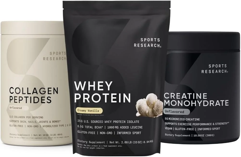 پک پروتئینی Sports Research® - پودر پروتئین وی ایزوله 950 گرم + کراتین مونوهیدرات 500 گرم + پپتیدهای کلاژن 450 گرم