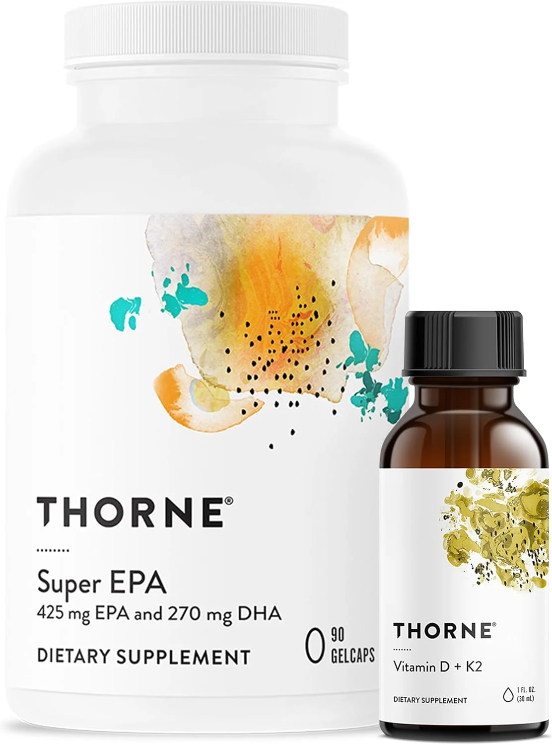 محصول ترکیبی THORNE - Super EPA (90 سافت ژل) و ویتامین D + K2 (30 میلی لیتر) - پشتیبانی از سلامت استخوان، ساختار عضلانی و سلامت مفاصل - فاقد گلوتن، لبنیات و سویا