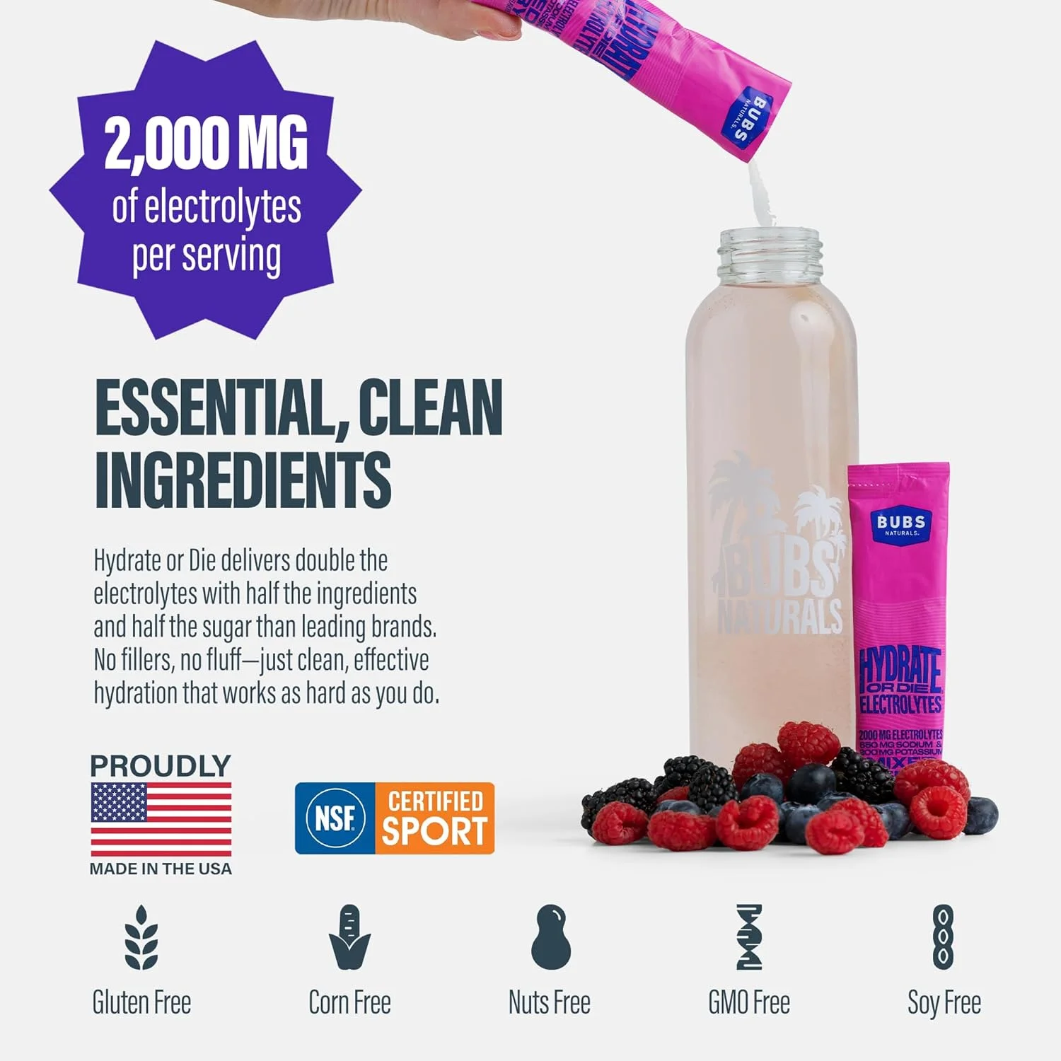 پودر الکترولیت برای جذب سریع BUBS Naturals | پودر الکترولیت ممتاز 2000 میلی گرمی | برای ورزش، ریکاوری و سلامتی (طعم توت مخلوط طبیعی، 20 عدد)