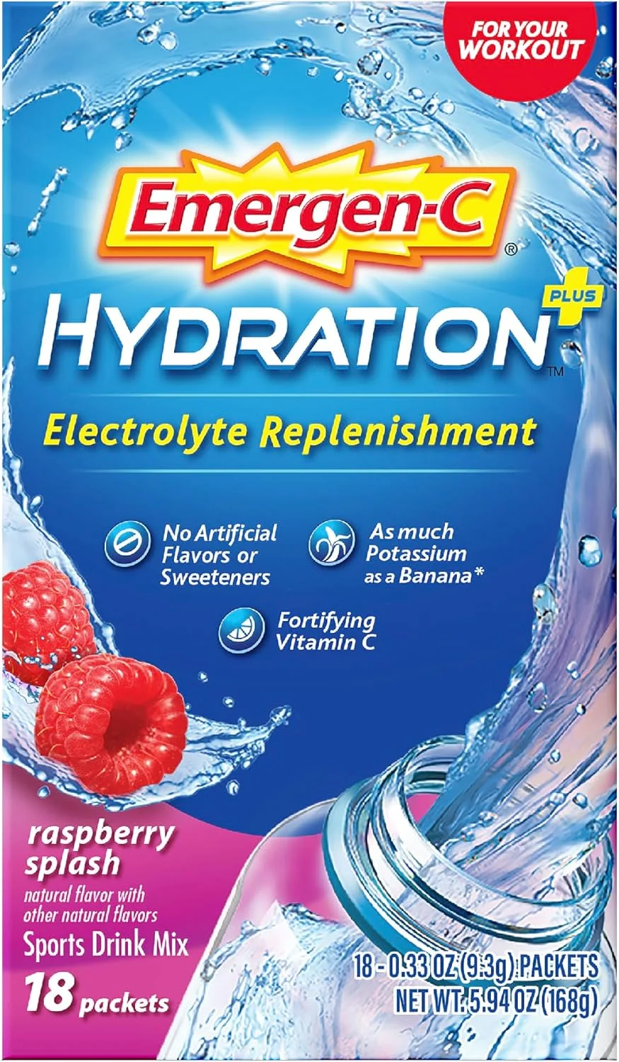 مخلوط نوشیدنی ورزشی Emergen-C Hydration+ با ویتامین C (18 عدد، طعم تمشک)، تامین الکترولیت، بسته های پودری 0.33 اونسی