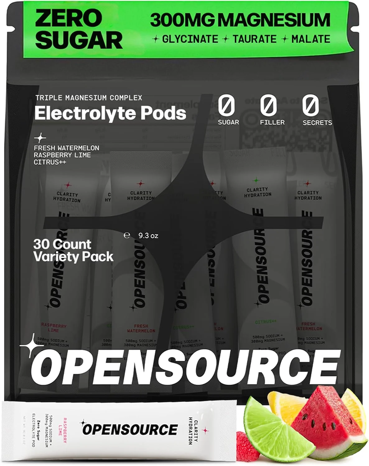 پودر الکترولیت بدون شکر اوپن سورس 300 میلی گرم منیزیم سه گانه برای آرامش و تمرکز | گلیسینات، تورات، مالات | کارنیور، کتو، پالئو | 30 بسته - هندوانه | تمشک لیمویی | لیمو