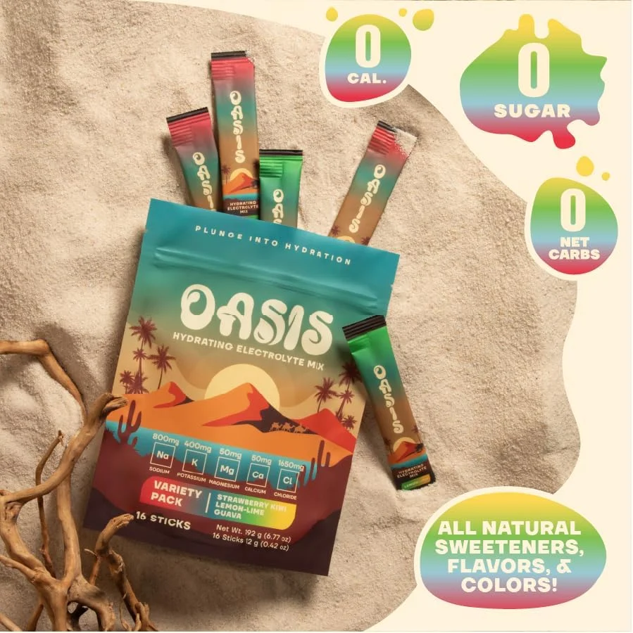 پودر الکترولیت Oasis - بدون شکر، بدون کالری، طعم دهنده طبیعی، بسته های آبرسانی برای تمرین یا بیرون رفتن | محلول پودر آبرسانی ORS با 5 الکترولیت، ویتامین C | بسته متنوع (16 عدد)