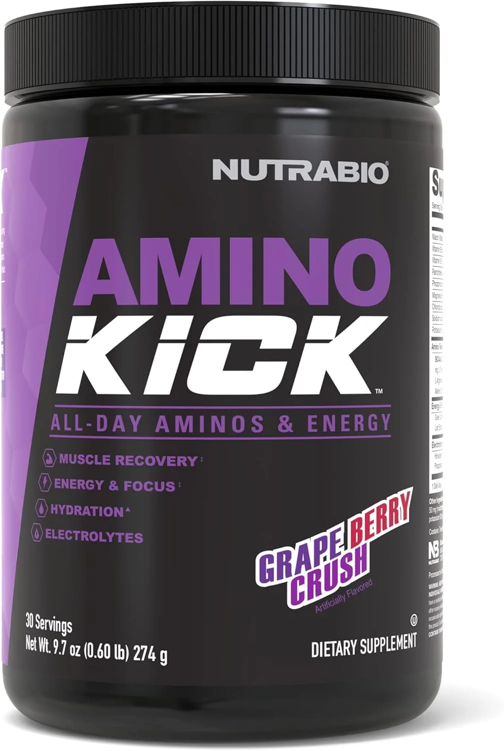 نوتراBio Amino Kick - پودر BCAA با کافئین طبیعی - مکمل اسیدهای آمینه برای انرژی، هیدراتاسیون و ریکاوری - BCAAs، الکترولیت ها و اسیدهای آمینه - Grape Berry Crush، 30 سروینگ