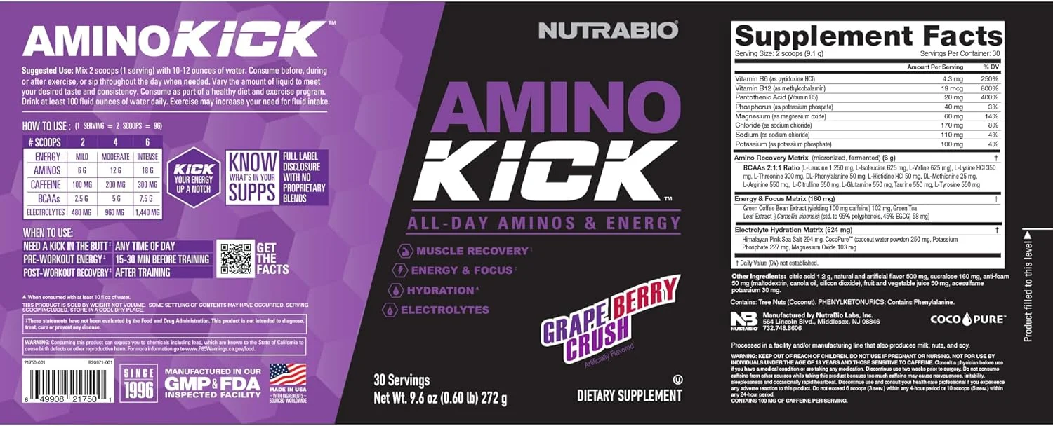 نوتراBio Amino Kick - پودر BCAA با کافئین طبیعی - مکمل اسیدهای آمینه برای انرژی، هیدراتاسیون و ریکاوری - BCAAs، الکترولیت ها و اسیدهای آمینه - Grape Berry Crush، 30 سروینگ نوتراBio Amino Kick - پودر BCAA با کافئین طبیعی - مکمل اسیدهای آمینه برای انرژی، هیدراتاسیون و ریکاوری - BCAAs، الکترولیت ها و اسیدهای آمینه - Grape Berry Crush، 30 سروینگ