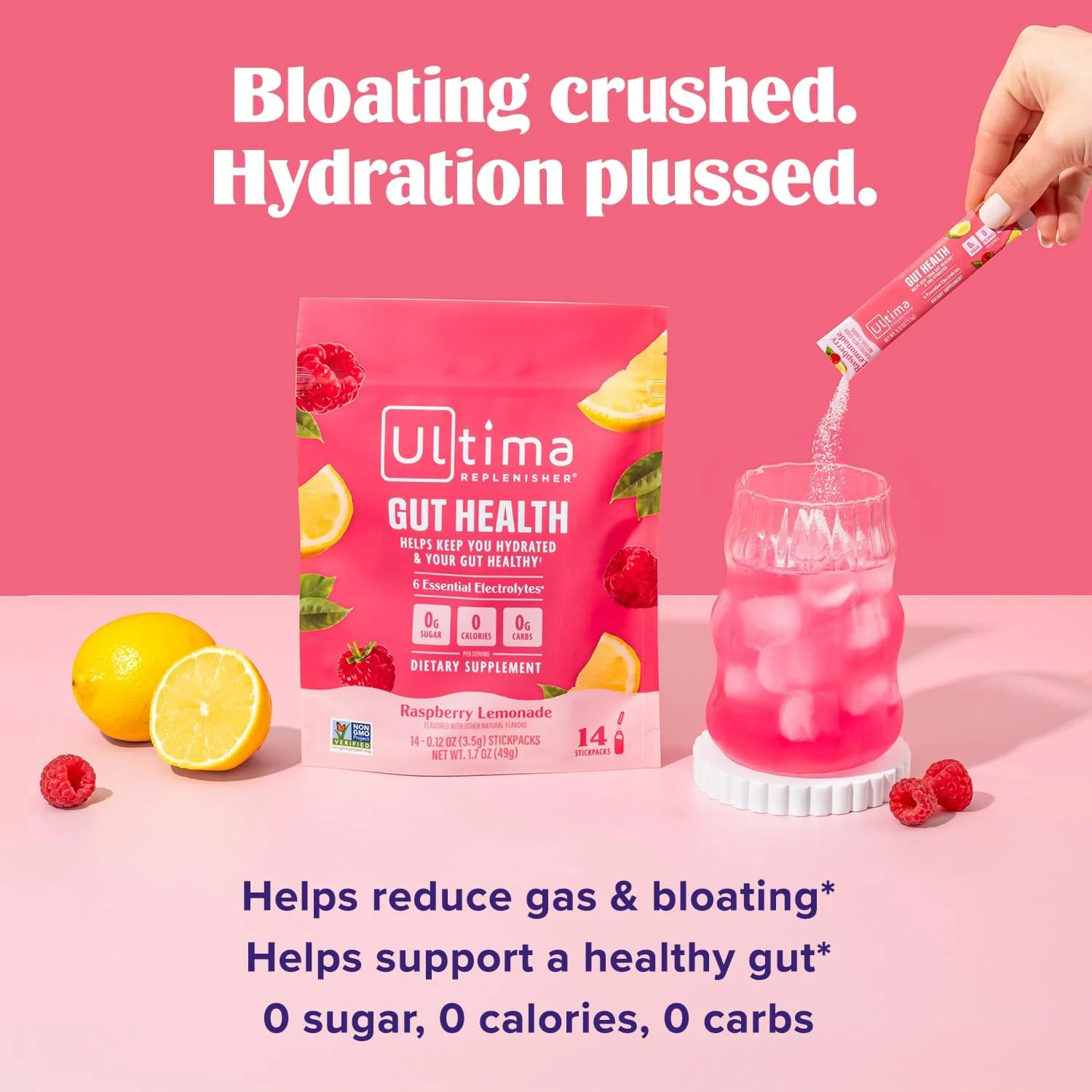 مکمل تقویت کننده سلامت روده و پودر الکترولیت آلتیما ریپلنیشر - تمشک لیموناد، 14 عدد بسته چوبی - بسته های آبرسانی با مزایای اضافه شده برای سلامت روده