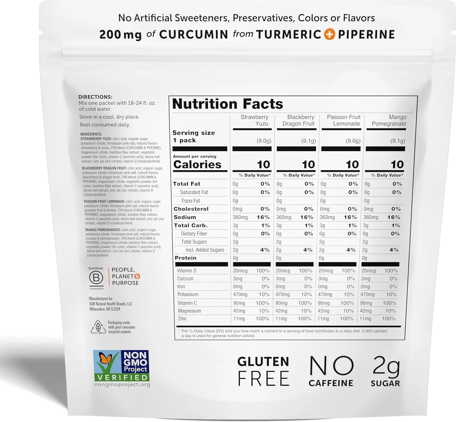 مخلوط نوشیدنی الکترولیت ZYN، پودر الکترولیت، حاوی زردچوبه، ویتامین C و D، روی، برای سلامتی، بسته متنوع 16 عددی