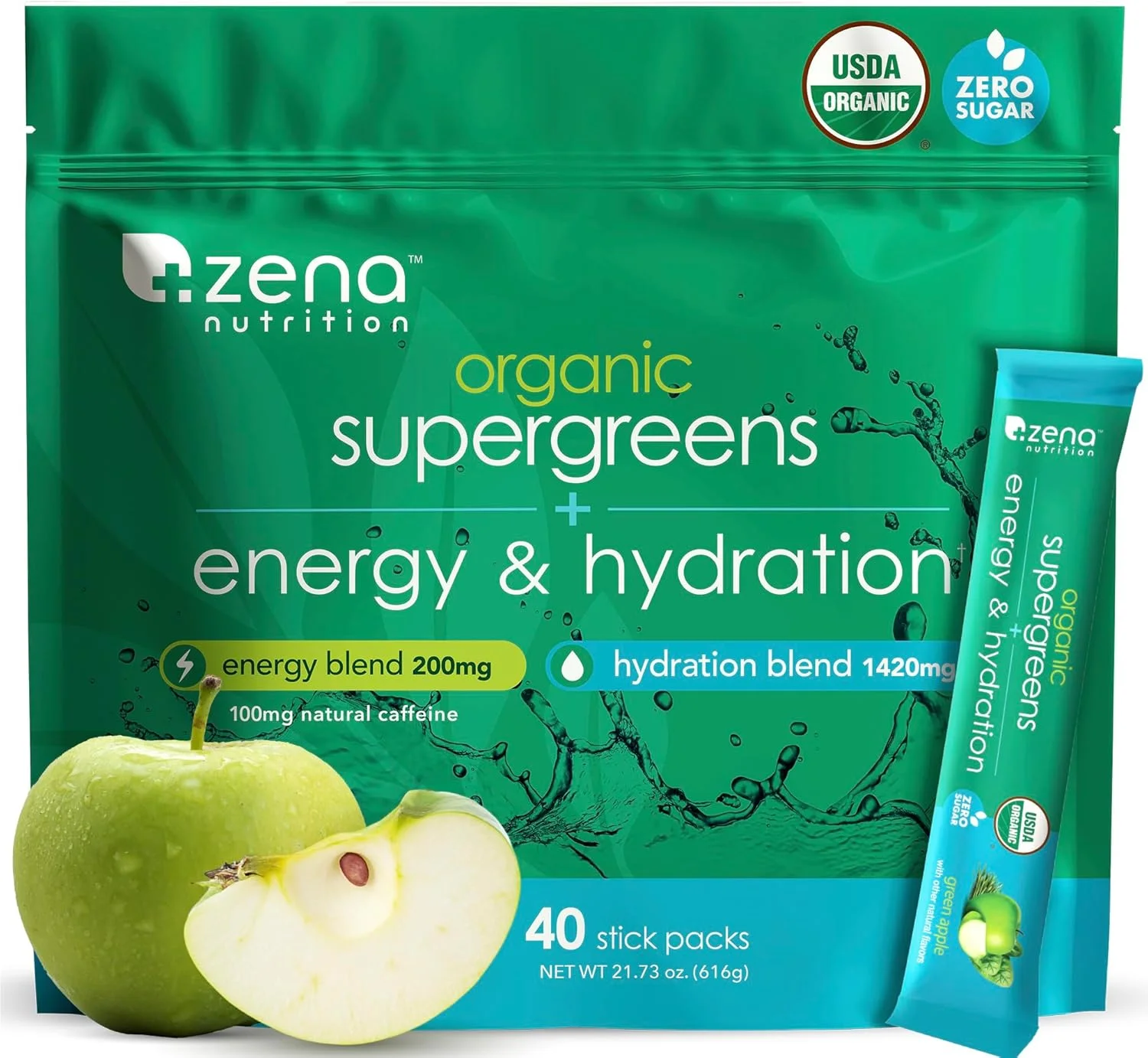 پودر انرژی و آبرسانی سوپرگرین ارگانیک زنا نوتریشن، حاوی بیش از 70 سوپرفود، بدون شکر، 5 گرم فیبر، اسپیرولینا، کلرلا، پری‌بیوتیک/پروبیوتیک، کافئین طبیعی + الکترولیت، 40 ساشه مخلوط نوشیدنی
