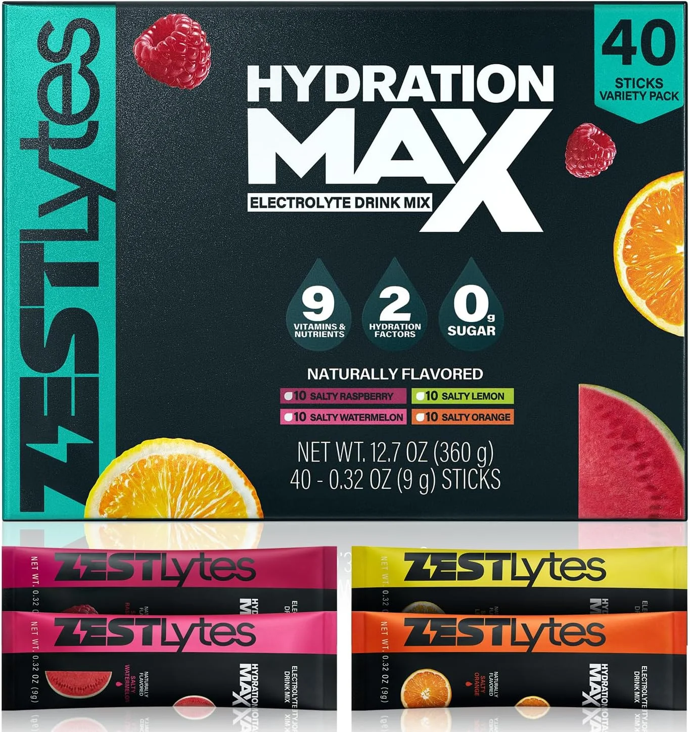 پودر الکترولیت بدون قند با طعم میوه شور، 40 عدد پودر نوشیدنی الکترولیت، طعم دهنده های مایع | 9 ویتامین و ماده مغذی | 2 عامل آبرسانی