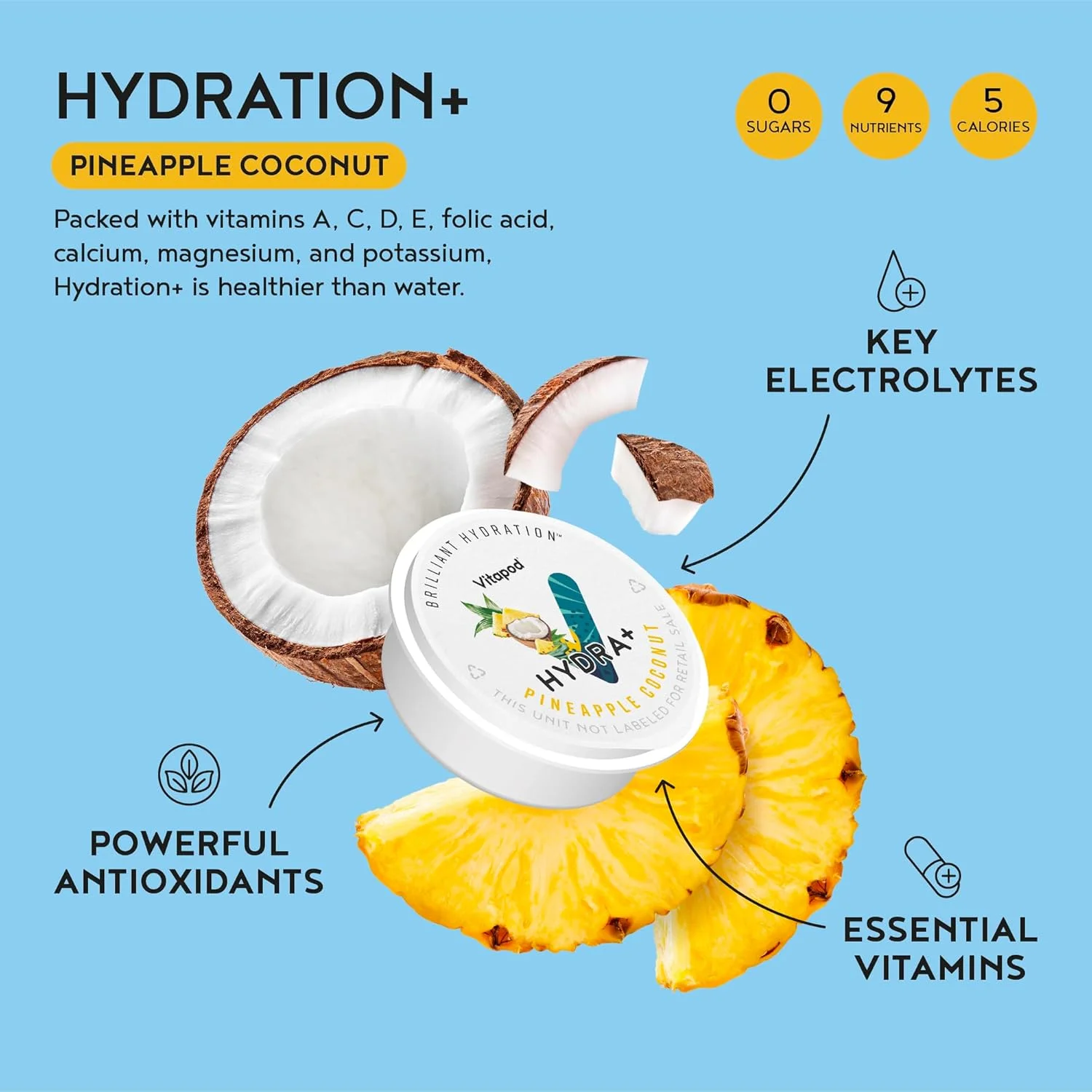 پودر الکترولیت آناناس نارگیل Hydra+ ویتاپاد - 30 عدد پاد آبرسان بدون شکر - نوشیدنی آبرسان فوری بدون شکر - پودر الکترولیت بدون شکر با ویتامین های A، C، D، E