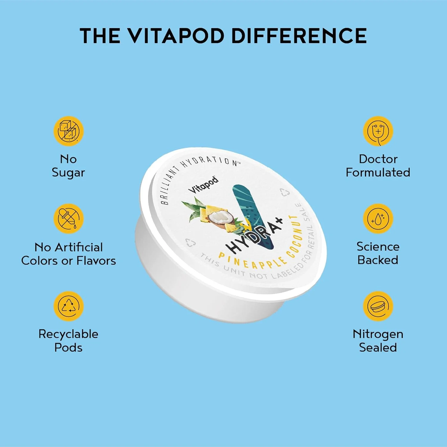 پودر الکترولیت آناناس نارگیل Hydra+ ویتاپاد - 30 عدد پاد آبرسان بدون شکر - نوشیدنی آبرسان فوری بدون شکر - پودر الکترولیت بدون شکر با ویتامین های A، C، D، E