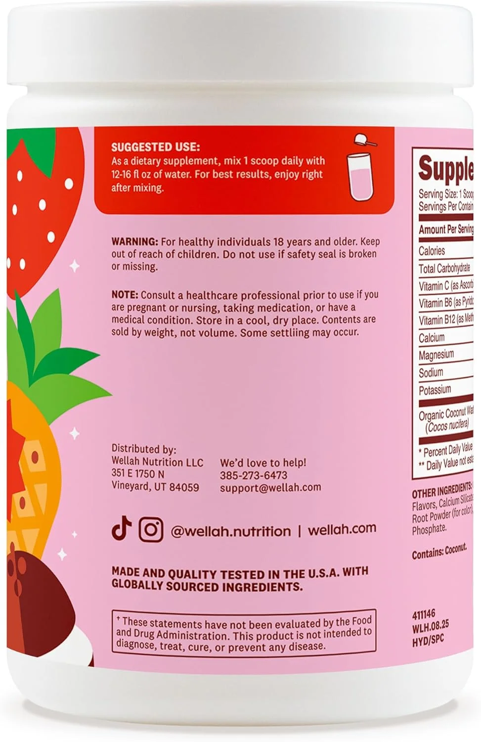 پودر الکترولیت ولا (توت فرنگی پینا کولادا) 50 سروینگ - مخلوط نوشیدنی آبرسان، 7 ویتامین و ماده معدنی، بدون قند