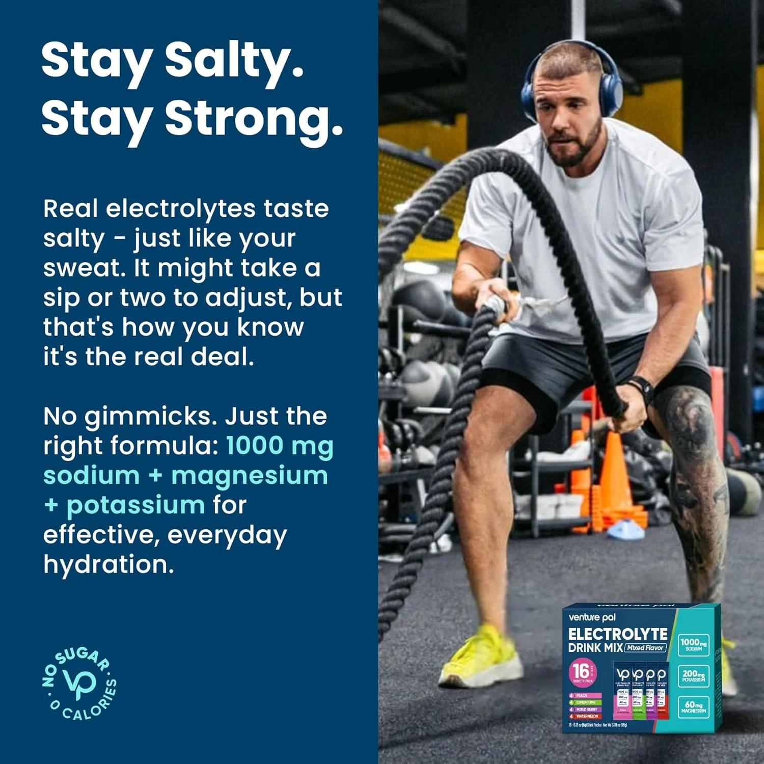 پودر الکترولیت با سدیم بالا Venture Pal - بسته های آبرسانی حاوی سدیم، پتاسیم و منیزیم | بدون کالری | مناسب برای گیاهخواران، کتو و پالئو | 16 عدد