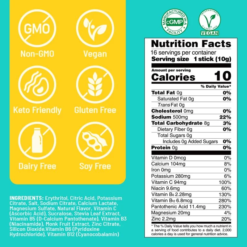 پودر الکترولیت بدون قند ونچر پال - بسته های آبرسانی روزانه | آبرسانی فوری و ریکاوری | حاوی 5 ویتامین و 7 الکترولیت | دارای گواهی وگان، کتو، غیر GMO | 16 عدد