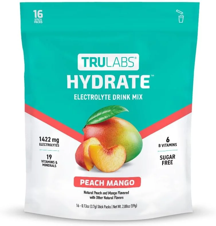 TRULABS Hydrate - هلو انبه. پودر الکترولیت بدون شکر. هر وعده حاوی 1422 میلی گرم الکترولیت و 19 ویتامین و ماده معدنی (16 عدد) TRULABS Hydrate - هلو انبه. پودر الکترولیت بدون شکر. هر وعده حاوی 1422 میلی گرم الکترولیت و 19 ویتامین و ماده معدنی (16 عدد)