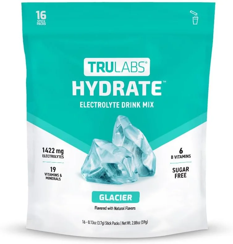 TRULABS Hydrate - Glacier. بسته های آبرسانی الکترولیت بدون شکر. هر وعده حاوی 1422 میلی گرم الکترولیت و 19 ویتامین و مواد معدنی (16 عدد) TRULABS Hydrate - Glacier. بسته های آبرسانی الکترولیت بدون شکر. هر وعده حاوی 1422 میلی گرم الکترولیت و 19 ویتامین و مواد معدنی (16 عدد)