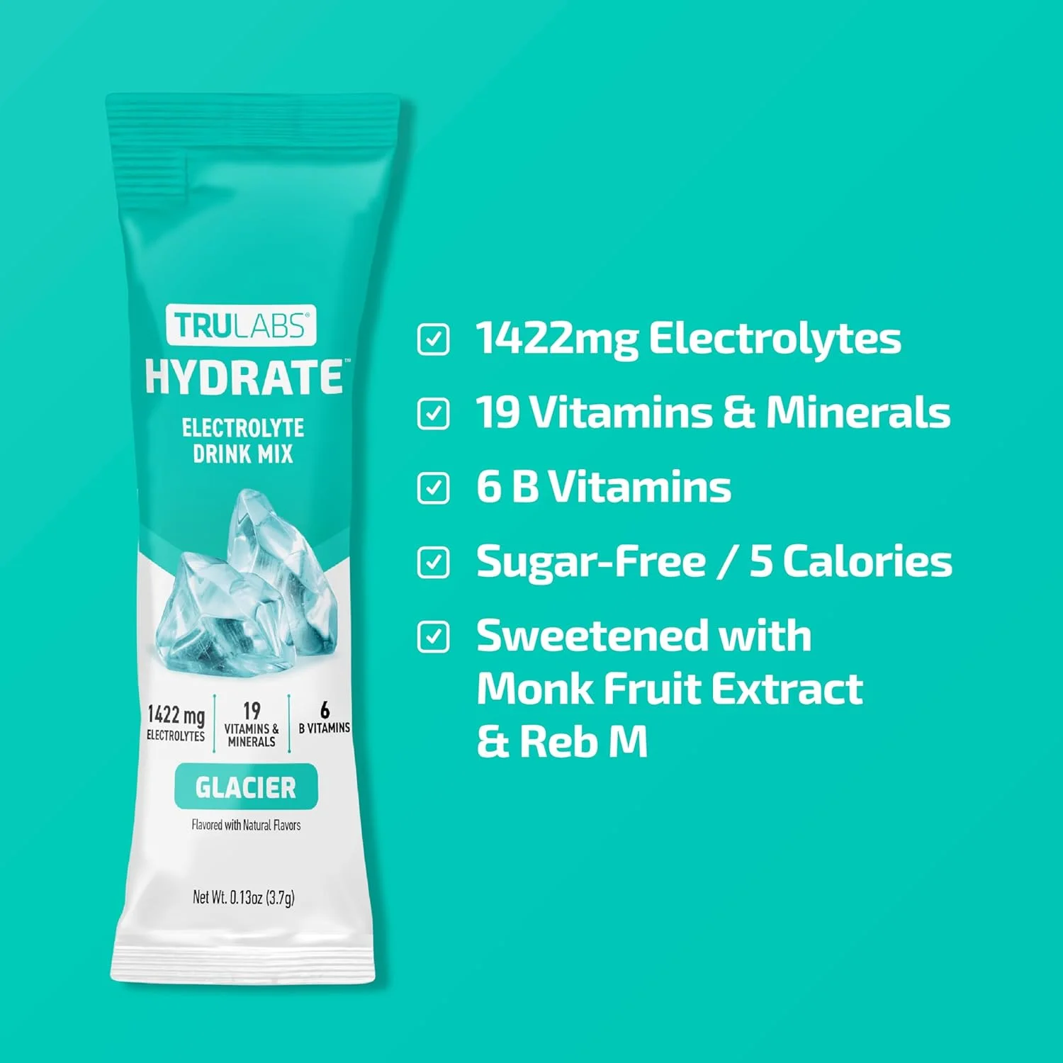 TRULABS Hydrate - Glacier. بسته های آبرسانی الکترولیت بدون شکر. هر وعده حاوی 1422 میلی گرم الکترولیت و 19 ویتامین و مواد معدنی (16 عدد)