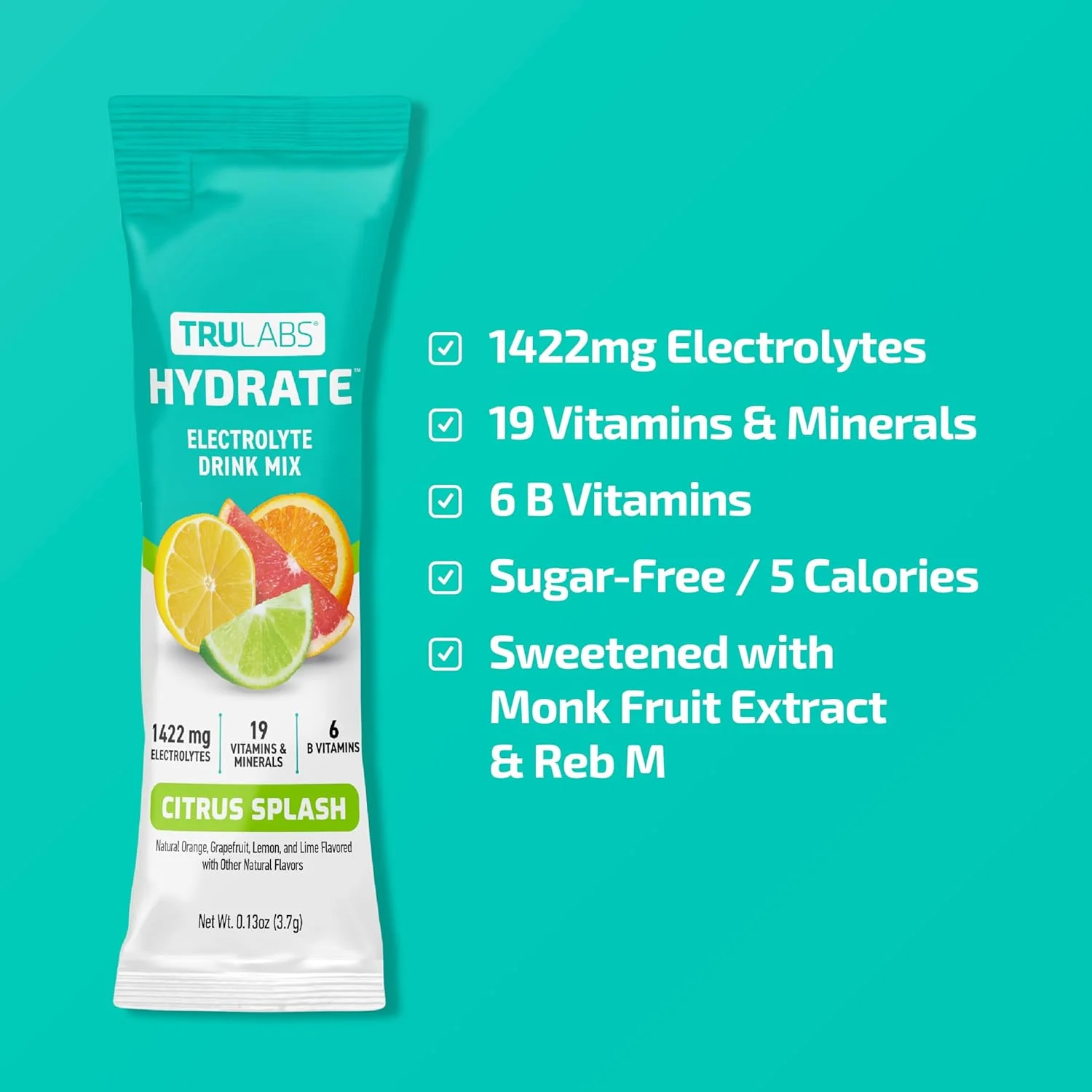 TRULABS Hydrate - طعم مرکبات. پودر الکترولیت بدون شکر. هر سهم حاوی 1422 میلی گرم الکترولیت و 19 ویتامین و مواد معدنی (16 عدد)