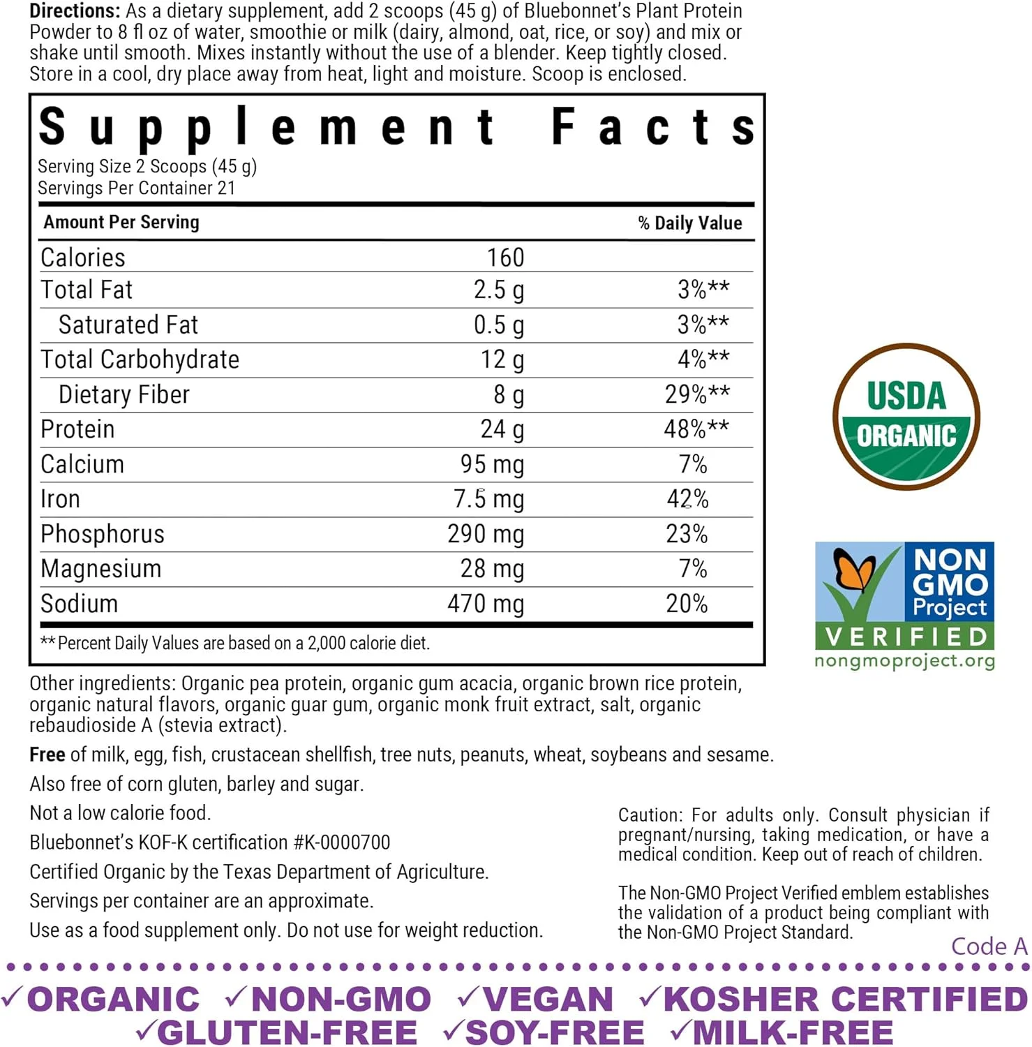 پودر پروتئین گیاهی ارگانیک BlueBonnet Nutrition، 24 گرم پروتئین گیاهی، بدون شکر، 8 گرم فیبر، ارگانیک USDA، غیر GMO، کوشر، بدون گلوتن، بدون سویا، وگان، طعم وانیل، 21 سروینگ، 2.08 پوند پودر پروتئین گیاهی ارگانیک BlueBonnet Nutrition، 24 گرم پروتئین گیاهی، بدون شکر، 8 گرم فیبر، ارگانیک USDA، غیر GMO، کوشر، بدون گلوتن، بدون سویا، وگان، طعم وانیل، 21 سروینگ، 2.08 پوند