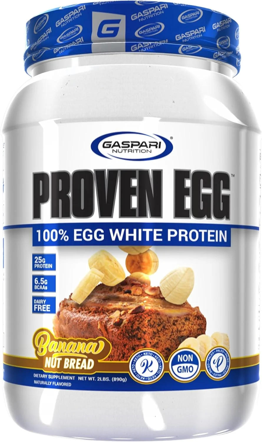 پروتئین تخم مرغ Gaspari Nutrition Proven، ۱۰۰٪ پروتئین سفیده تخم مرغ، ۲۵ گرم پروتئین، مناسب برای کتو، بدون لبنیات و لاکتوز، بدون سویا (۹۰۰ گرم، نان موز و گردو)