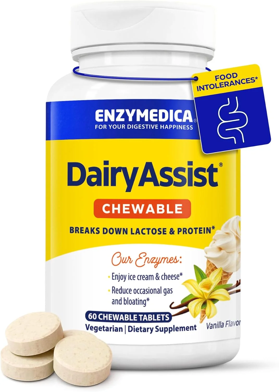 قرص جویدنی انزیمدیکا DairyAssist، آنزیم های گوارشی 2 در 1 برای هضم لبنیات، لاکتوز و کازئین، فرمول سریع الاثر برای رفع نفخ و باد شکم، 60 عدد قرص جویدنی قرص جویدنی انزیمدیکا DairyAssist، آنزیم های گوارشی 2 در 1 برای هضم لبنیات، لاکتوز و کازئین، فرمول سریع الاثر برای رفع نفخ و باد شکم، 60 عدد قرص جویدنی